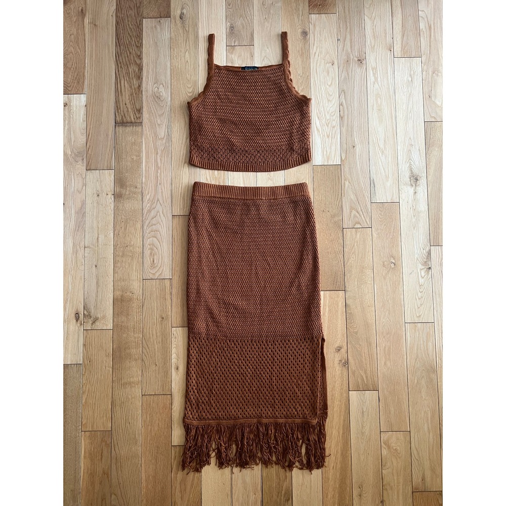 House of Harlow 1960 Rust Brown Crochet Crop Top and Fringe Skirt Set